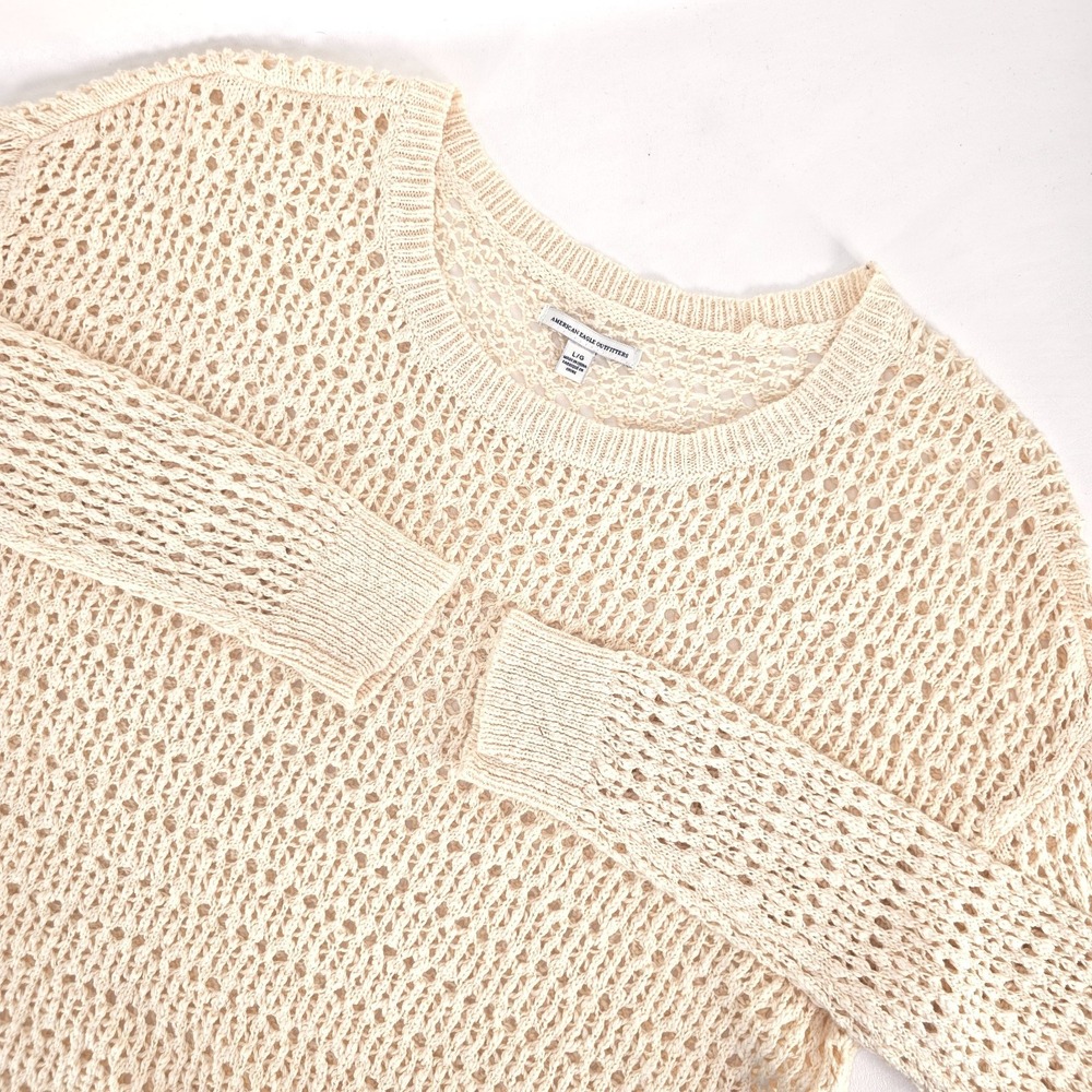 American Eagle Lagenlook Sweater Women L Open Knit Cream Pullover Cotton Coastal